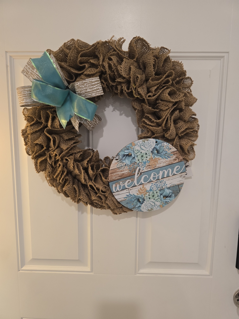 Welcome Burlap Holiday Wreath with Teal Bow Beach